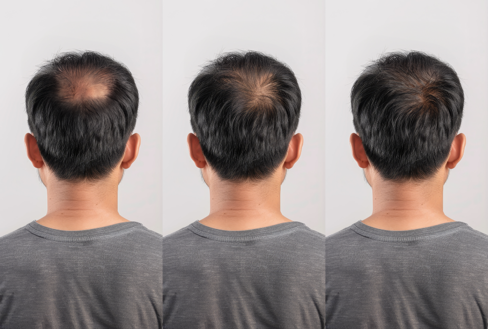 Progressive hair restoration results in a man with thinning hair.