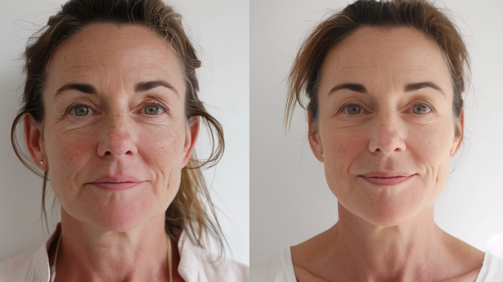 Before and after comparison of facial skin tightening results.